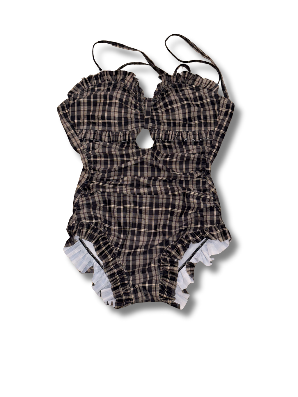 SHEIN Plaid Ruffle One-Piece Swimsuit Black & Tan Size M