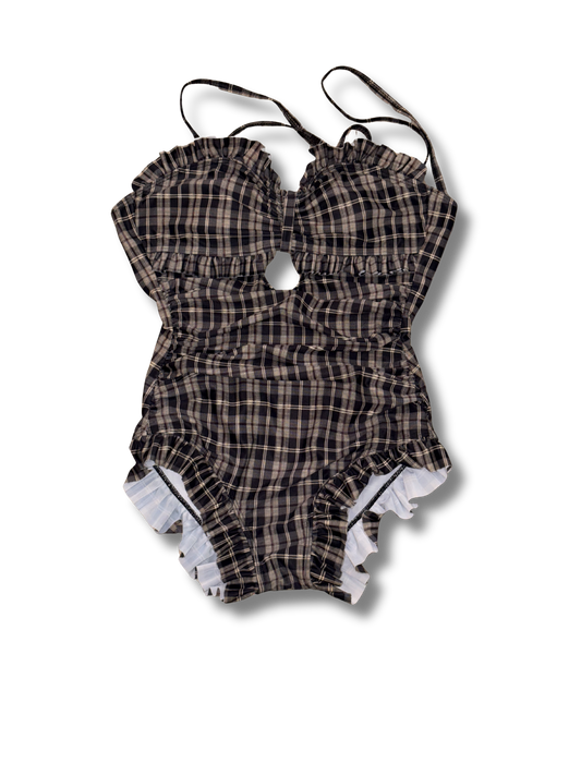 SHEIN Plaid Ruffle One-Piece Swimsuit Black & Tan Size M