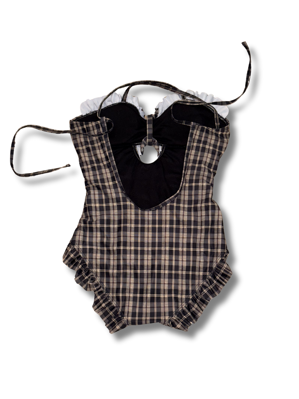 SHEIN Plaid Ruffle One-Piece Swimsuit Black & Tan Size M