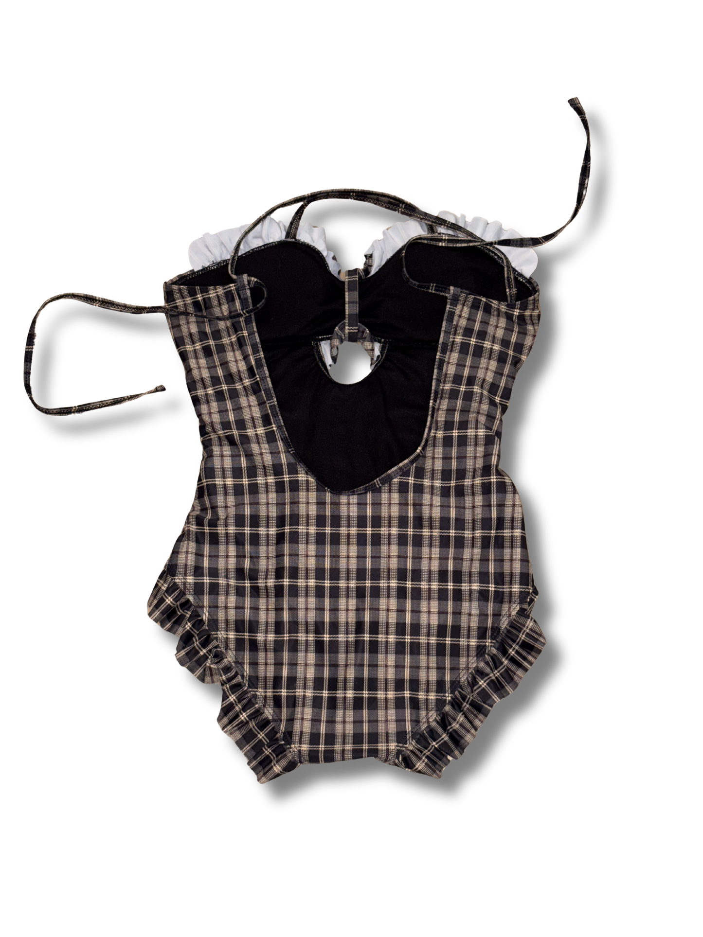 SHEIN Plaid Ruffle One-Piece Swimsuit Black & Tan Size M