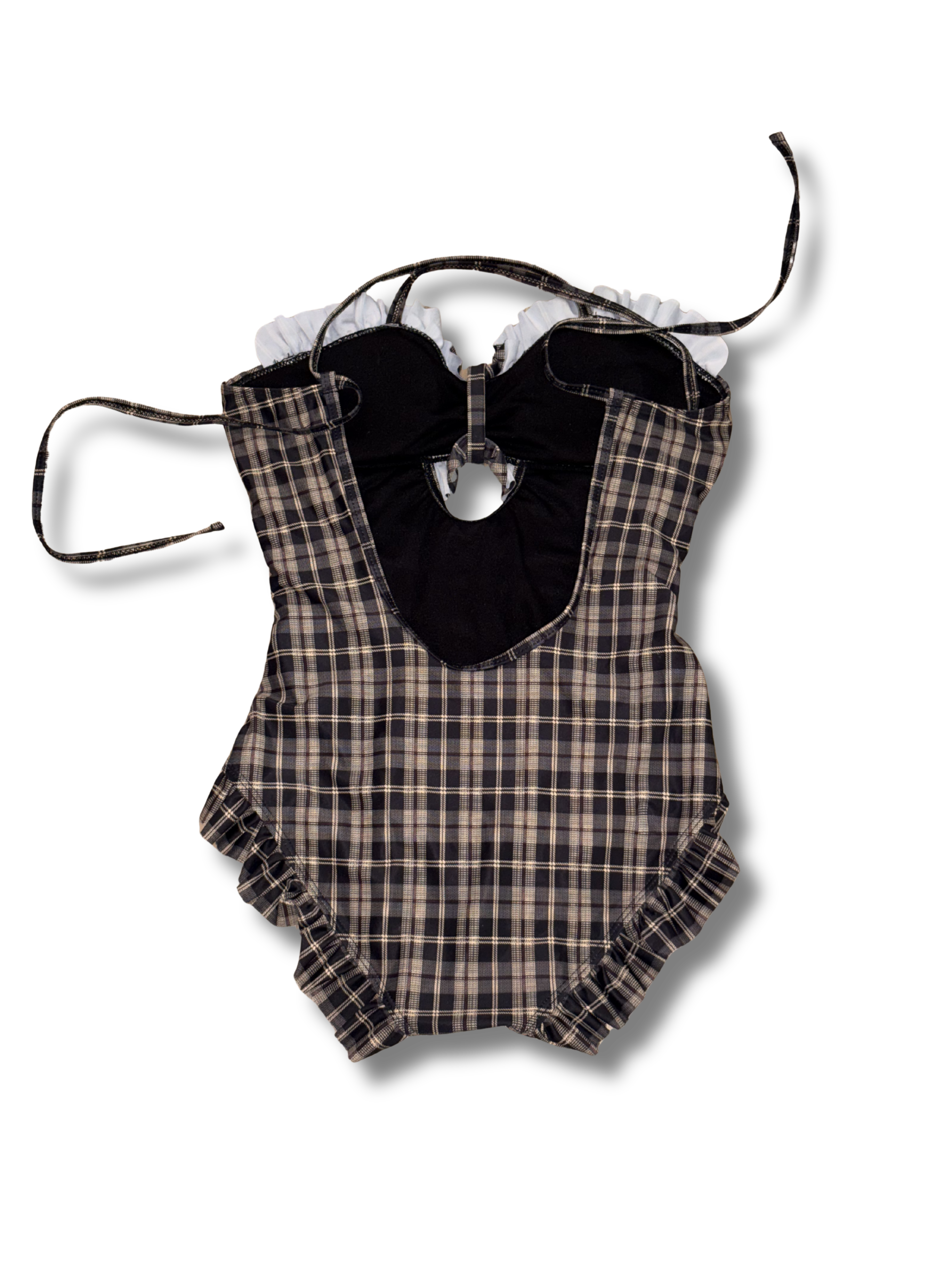 SHEIN Plaid Ruffle One-Piece Swimsuit Black & Tan Size M