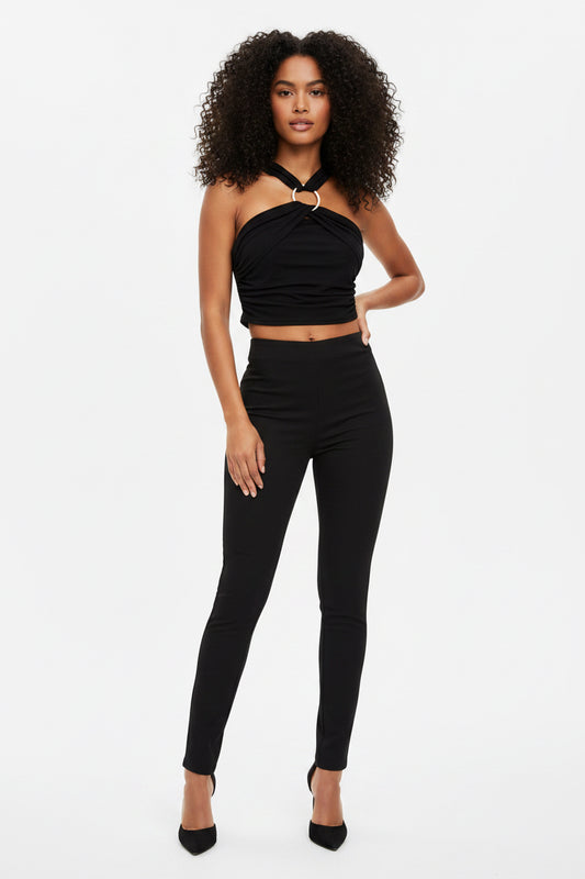 SHEIN Black Ruched Halter Top Women’s Draped Crossover Stylish Metal O-ring Size M