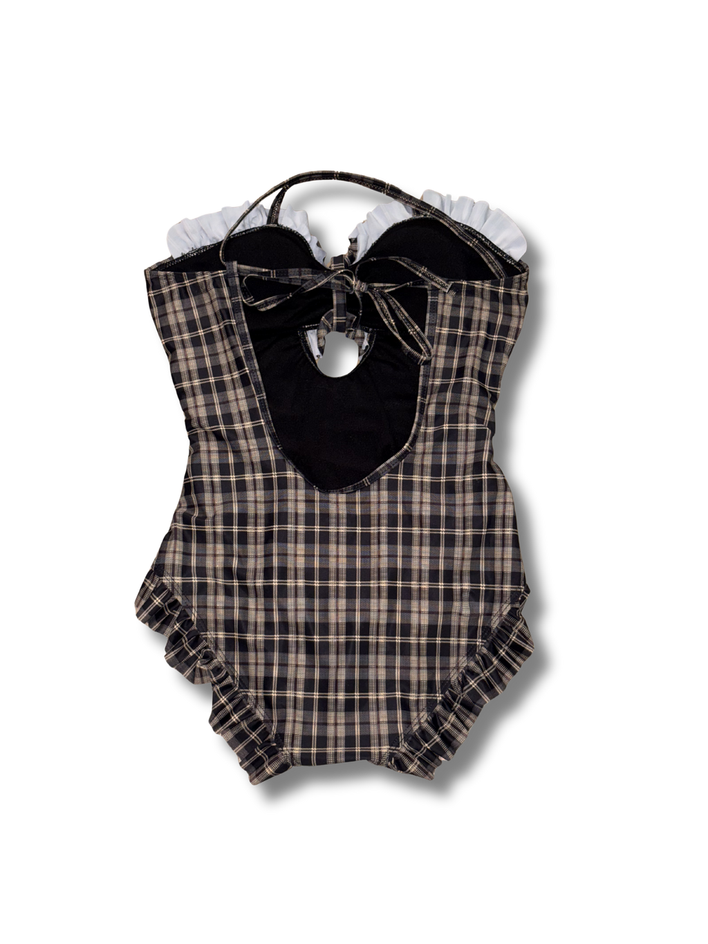 SHEIN Plaid Ruffle One-Piece Swimsuit Black & Tan Size M