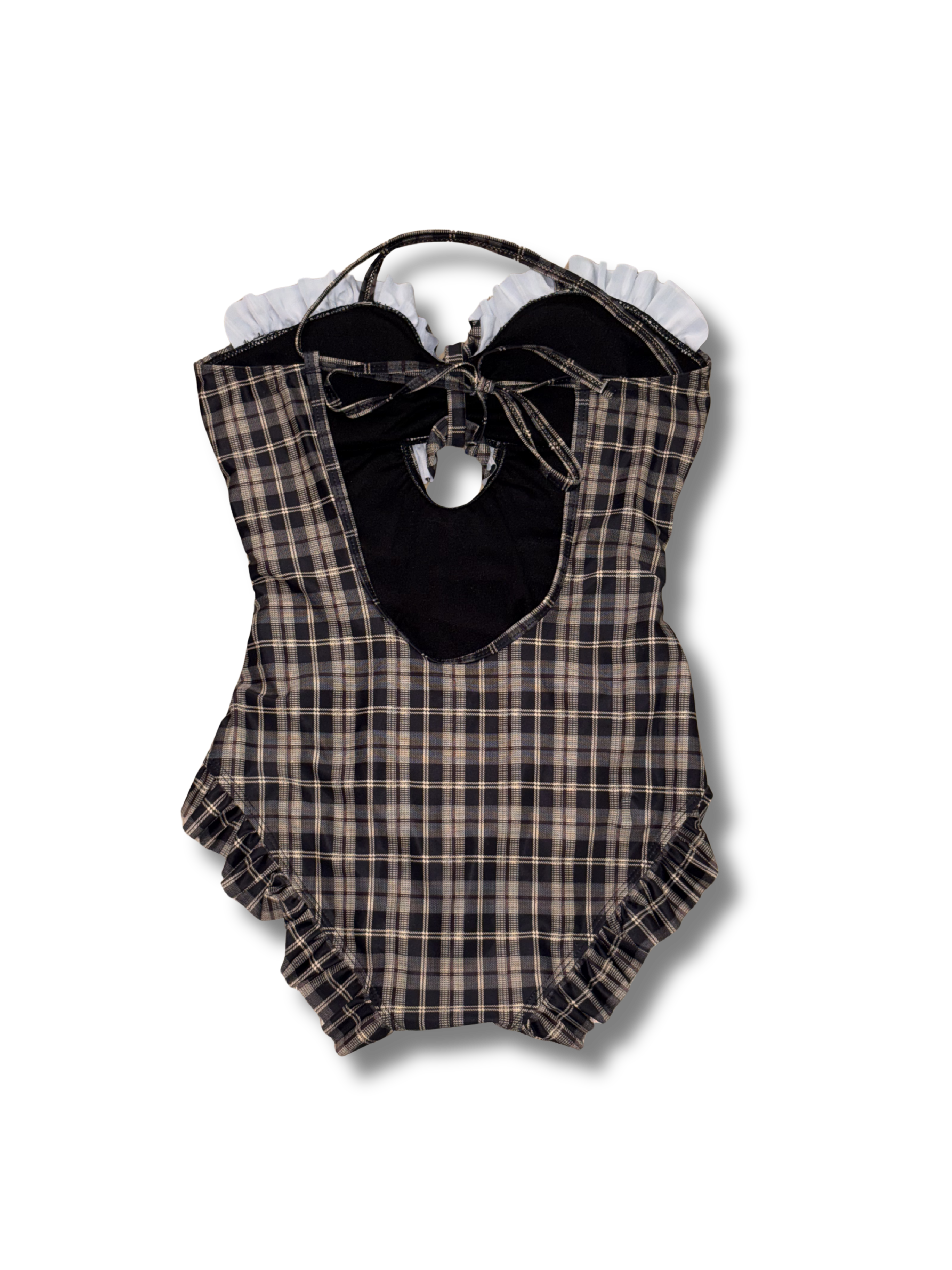 SHEIN Plaid Ruffle One-Piece Swimsuit Black & Tan Size M