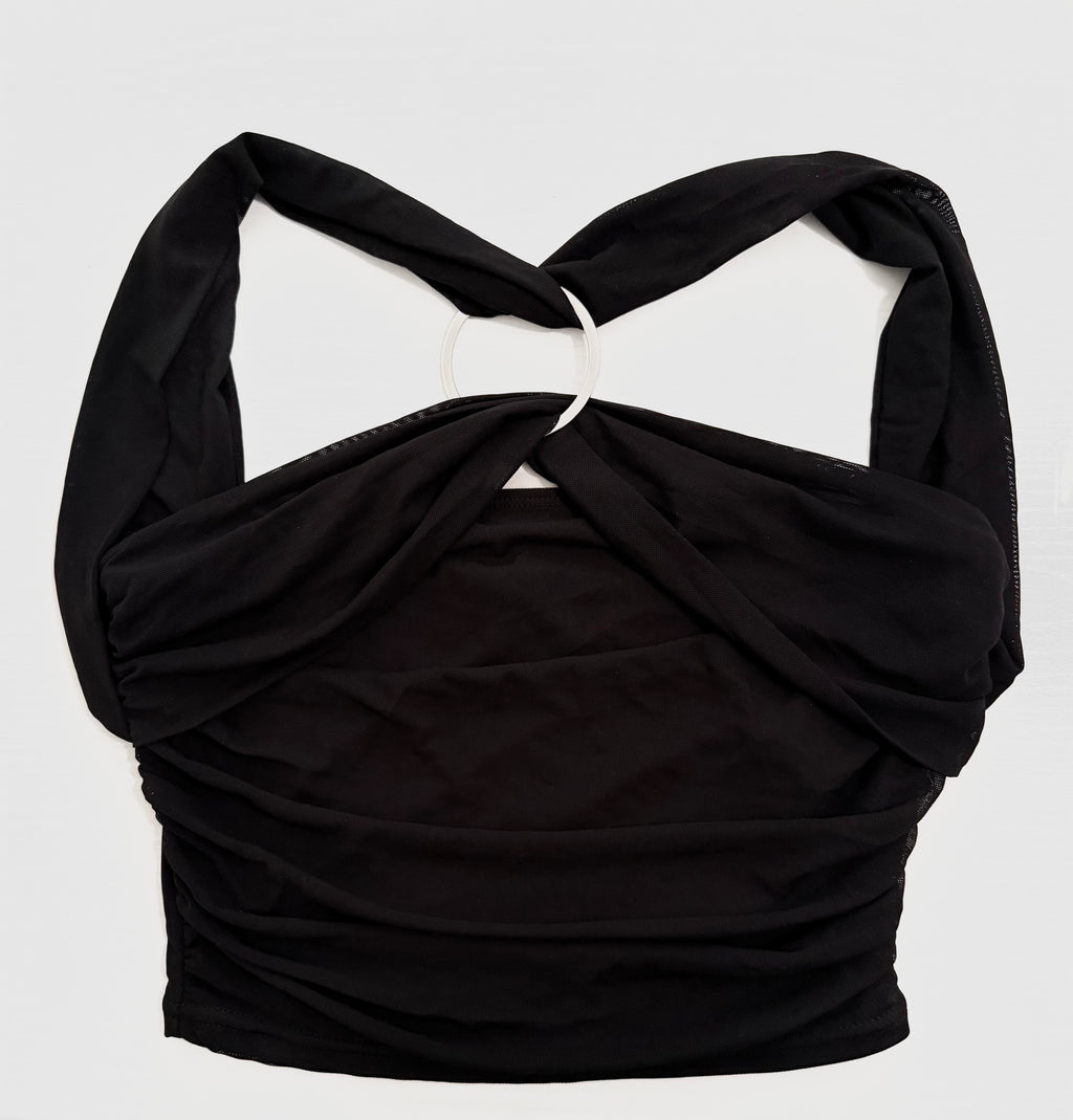SHEIN Black Ruched Halter Top Women’s Draped Crossover Stylish Metal O-ring Med