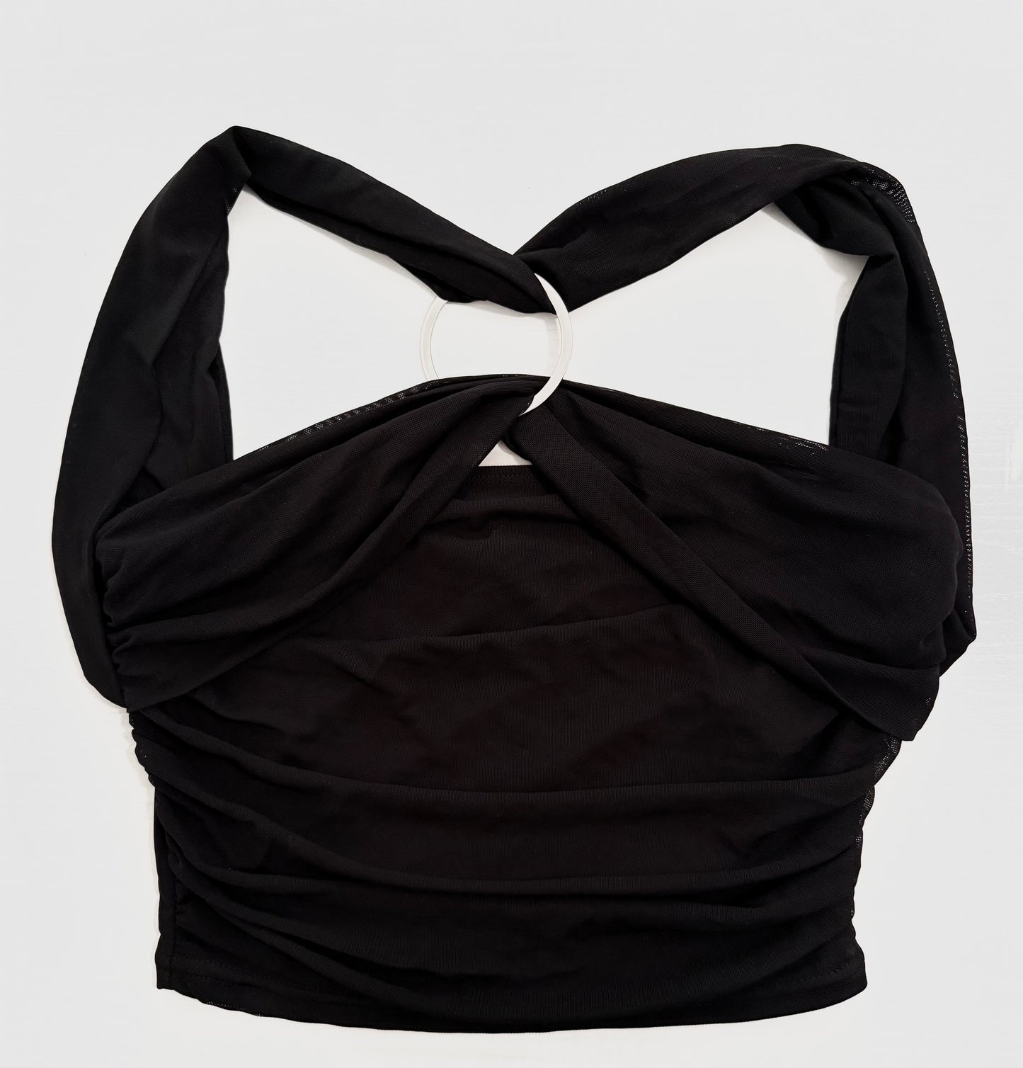 SHEIN Black Ruched Halter Top Women’s Draped Crossover Stylish Metal O-ring Size M