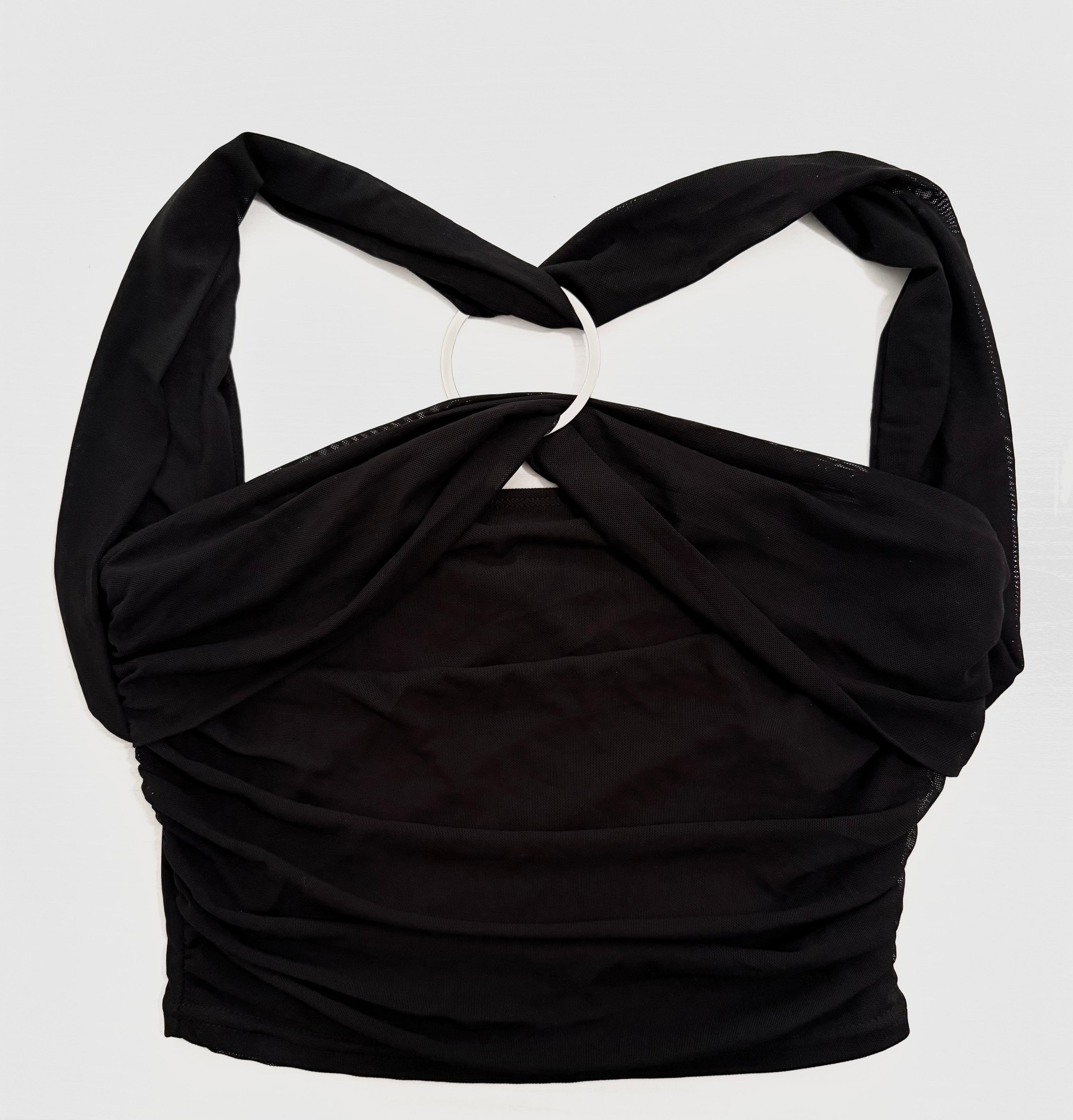 SHEIN Black Ruched Halter Top Women’s Draped Crossover Stylish Metal O-ring Med